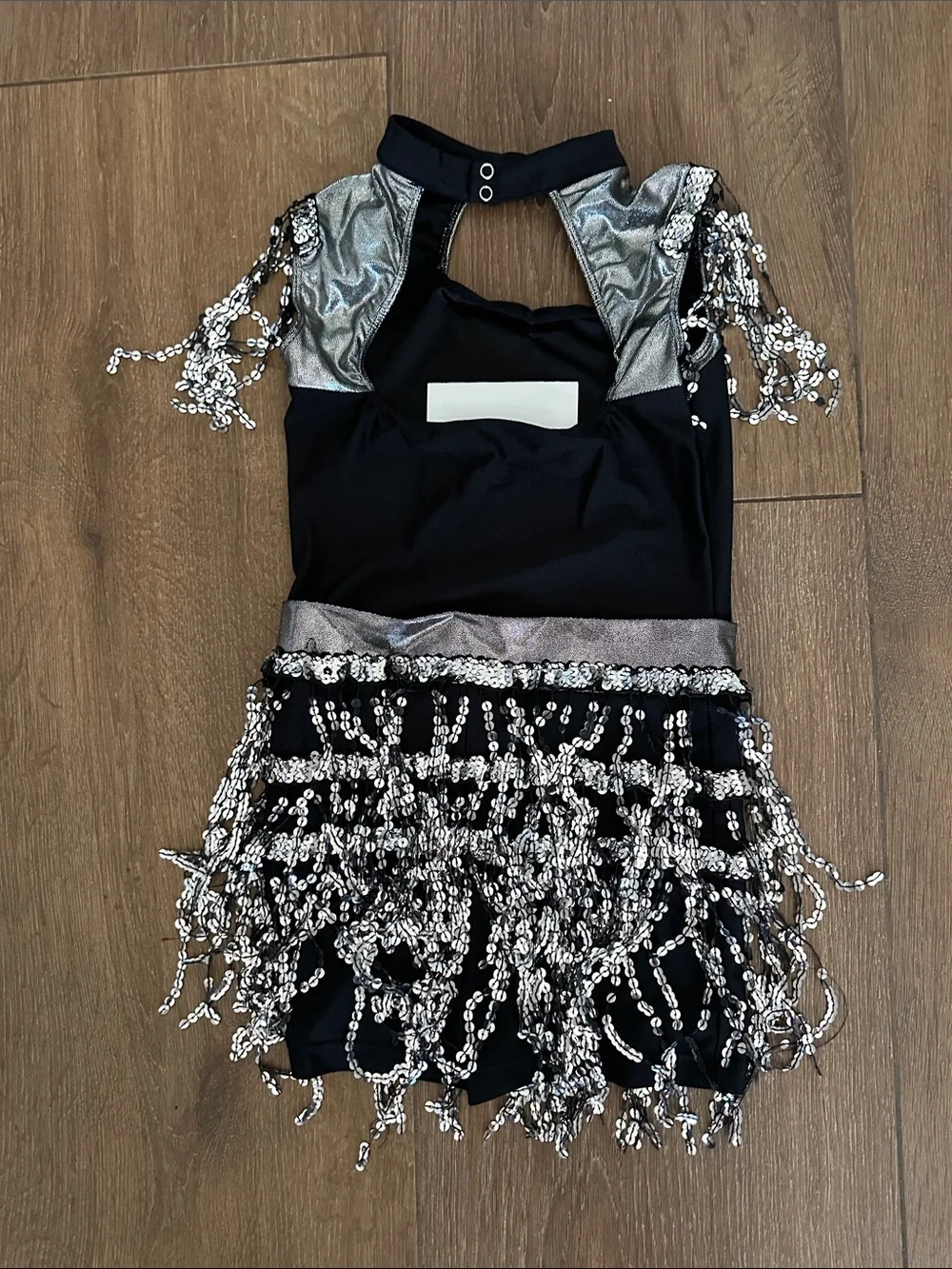 Revolution  girls Black and Silver Sequin Fringe Dance Halloween Costume. Size L